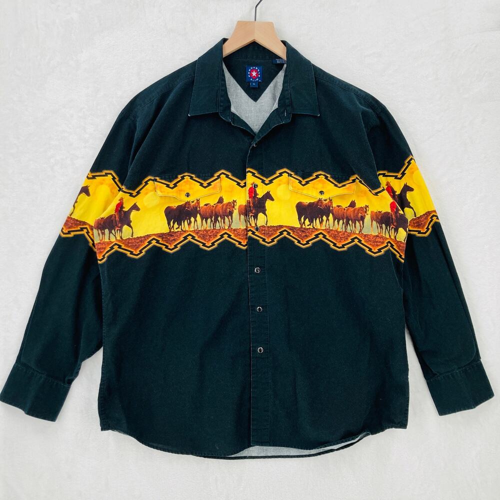 Panhandle Slim Shirt Mens XL Black Western Cowboy Horse Snap Long Sleeve